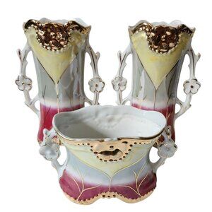 Antique German Art Nouveau Vase Set Hand Painted Floral Gold Trim 1890s - 1930s